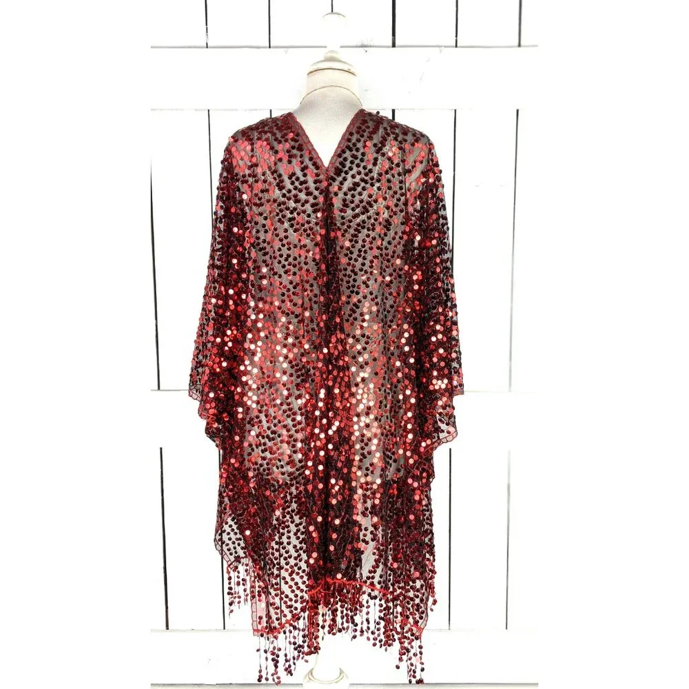 Red black sequin fringe tassel kimono cardigan cover up jacket - Picture 5 of 5